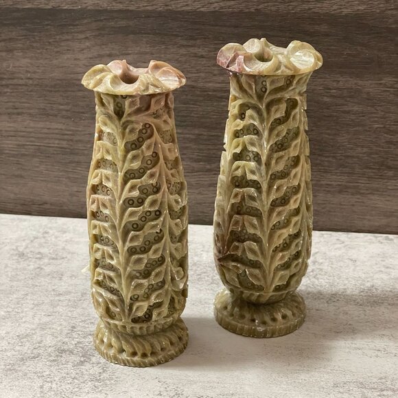 Vintage Pier 1 Carved Green Pink Floral Soapstone Columnar Vases Set of Two 6" - Picture 1 of 7